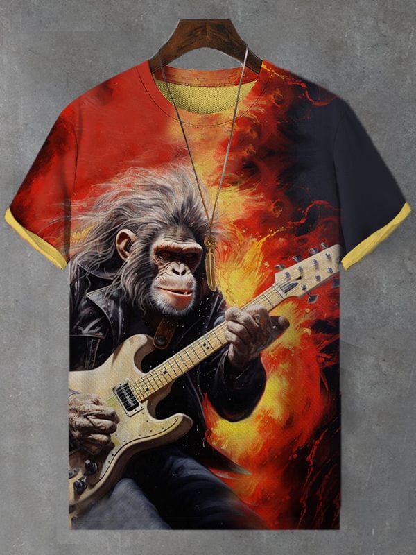 Men's Cool Monkey Guitar Rock Music Splatter Art T-Shirt