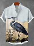 Men's Retro Blue Heron Print Casual Linen Blend Shirt