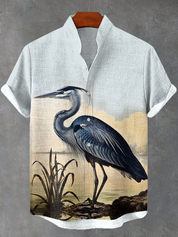 Men's Retro Blue Heron Print Casual Linen Blend Shirt