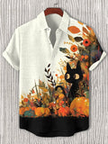 Men's Black Cat In Pumpkin And Flower Field Art Print Casual Shirt