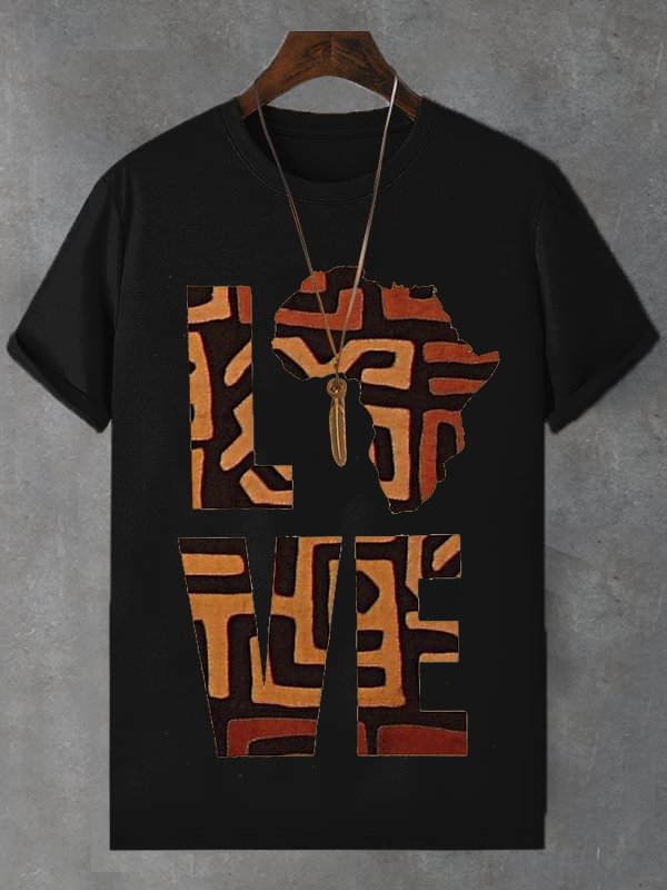 Men's African Tribal Ethnic Map Love Art Print Cotton T-Shirt