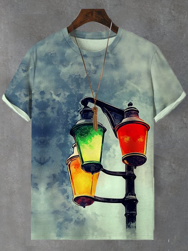 Men's Black Soul Freedom Street Lamp Oil Painting Print T-Shirt