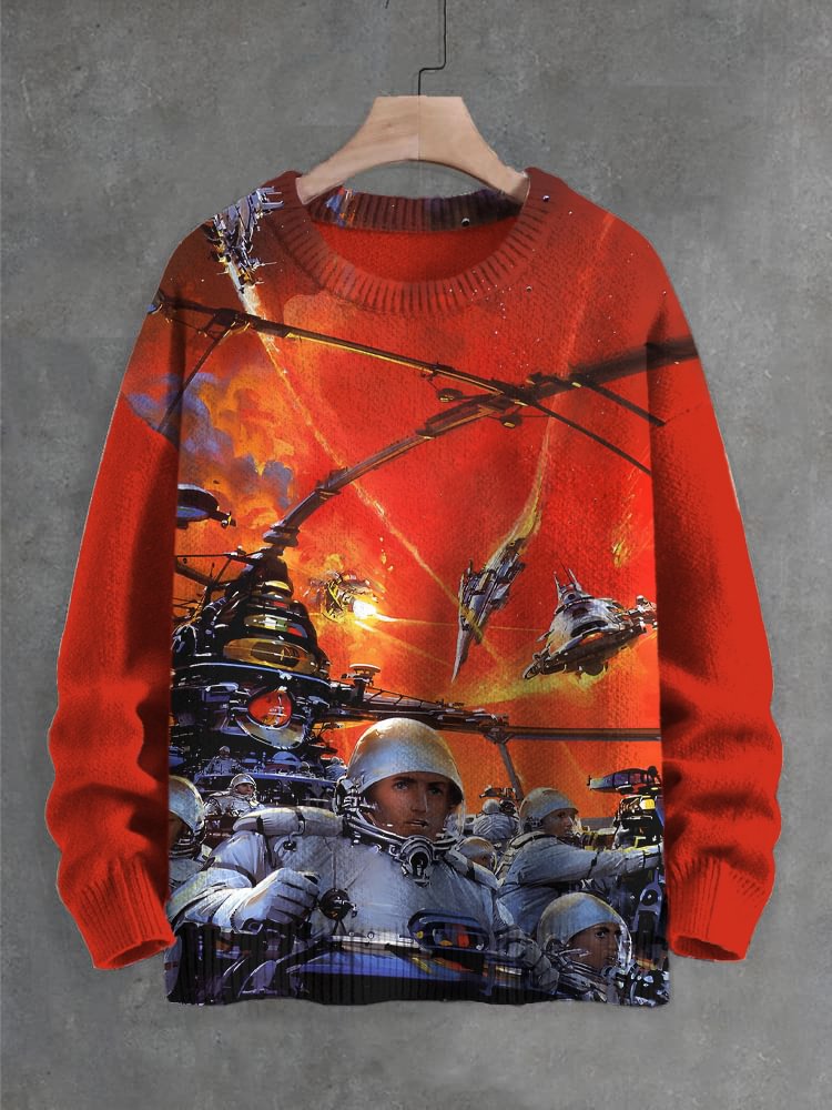 Men's Vintage Sci Fi Comic Outer Space Battle Art Print Knit Sweatshirt