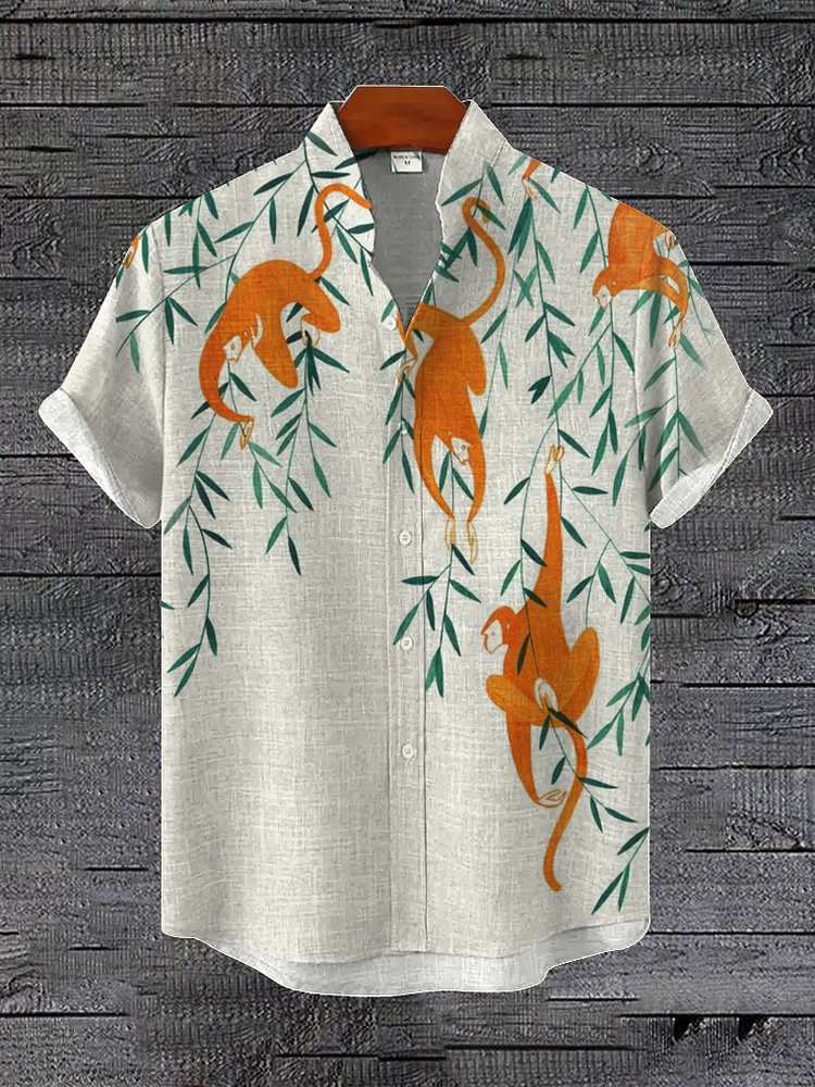 Men's Monkey Climbing Tree Illustration Print Casual Shirt