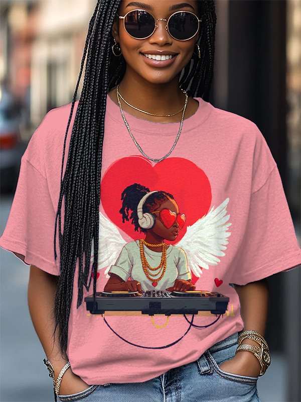 Women's Valentine's Day DJ Print Cotton Casual T-Shirt