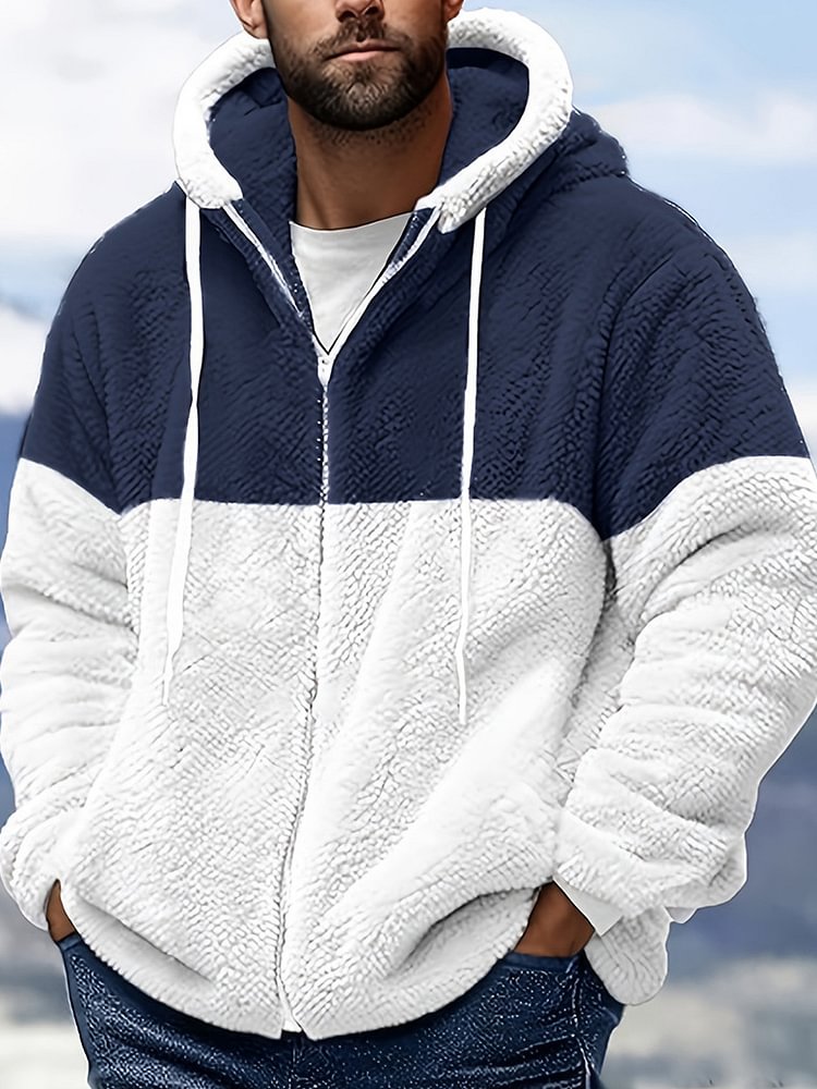 Men's Winter Color Splice Hooded Zip Up Warm Casual Jacket