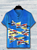 Men's Colorful Fish Passing Through Fishing Net Art Print Casual V Neck Button T-Shirt