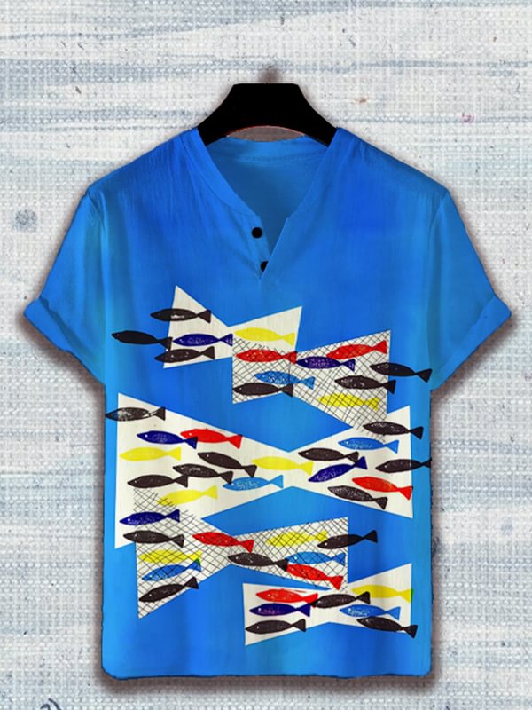 Men's Colorful Fish Passing Through Fishing Net Art Print Casual V Neck Button T-Shirt