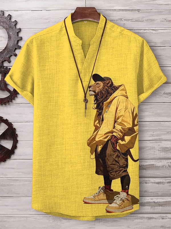 Men's Hip Hop Handsome Lion Art Graphic Print V Neck T-Shirt