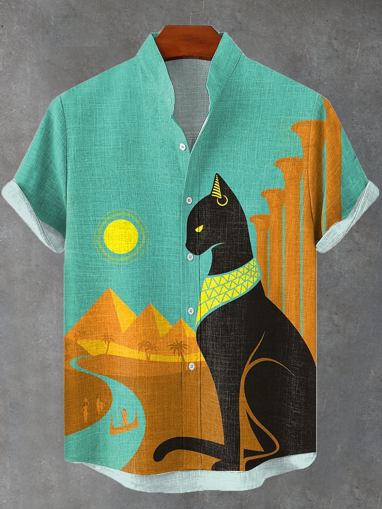 Men's Egyptian Black Cat Print Casual Shirt