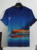 Men's Airplane Night Sky Landscape Art Print T-Shirt