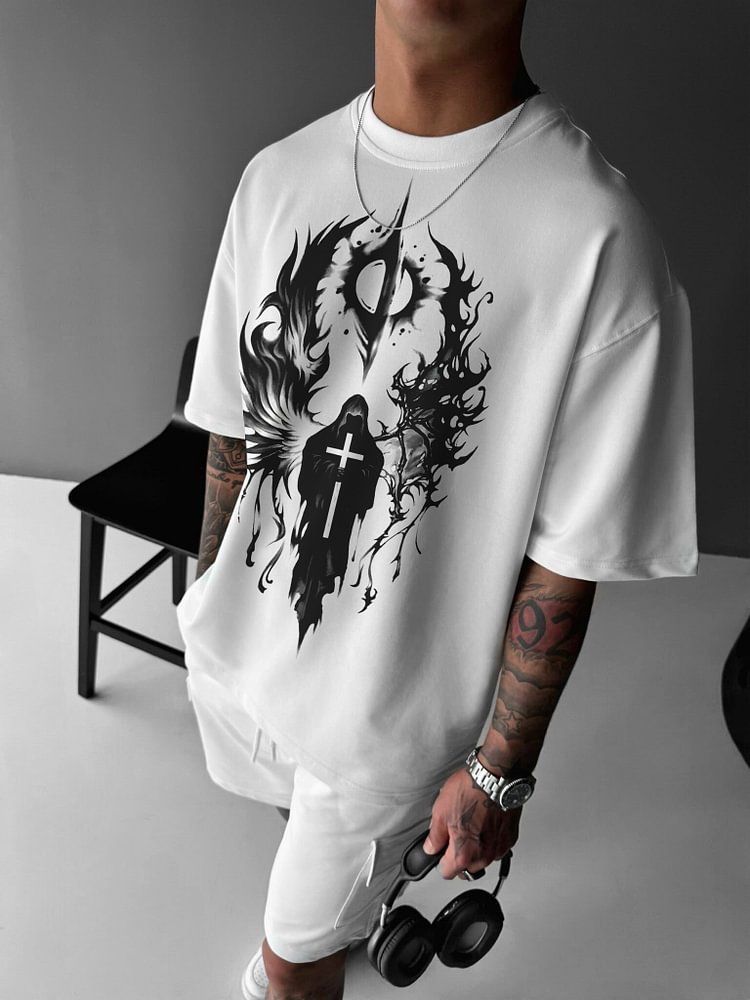 Men's Spooky Grim Reaper Cross Print Casual T-Shirt