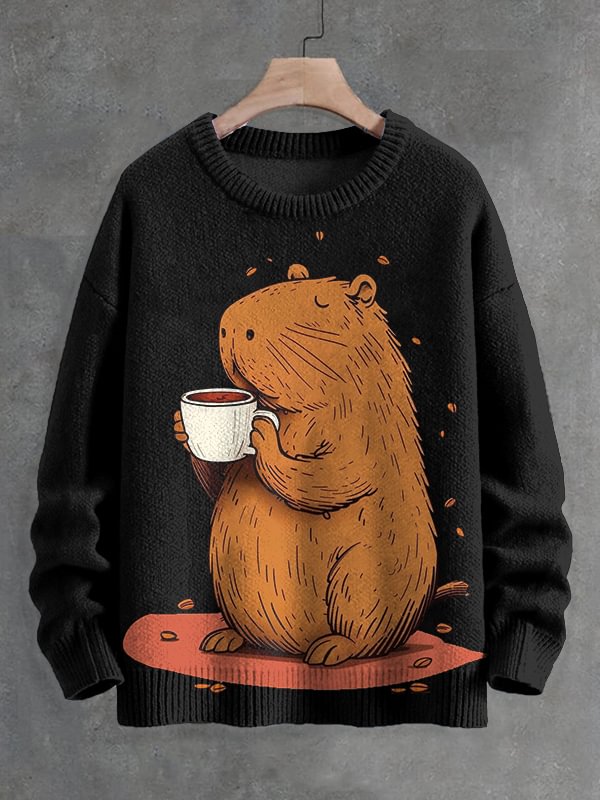 Men's Capybara Drinking Coffee Fun Print Knit Sweatshirt