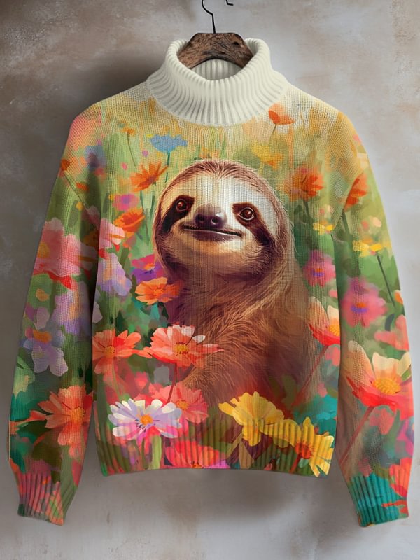 Women's Flower Field Sloth Print High Neck Knit Sweatshirt
