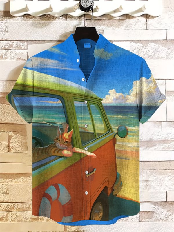 Men's Cat Takes Bus Vacation Style Print Casual Shirt