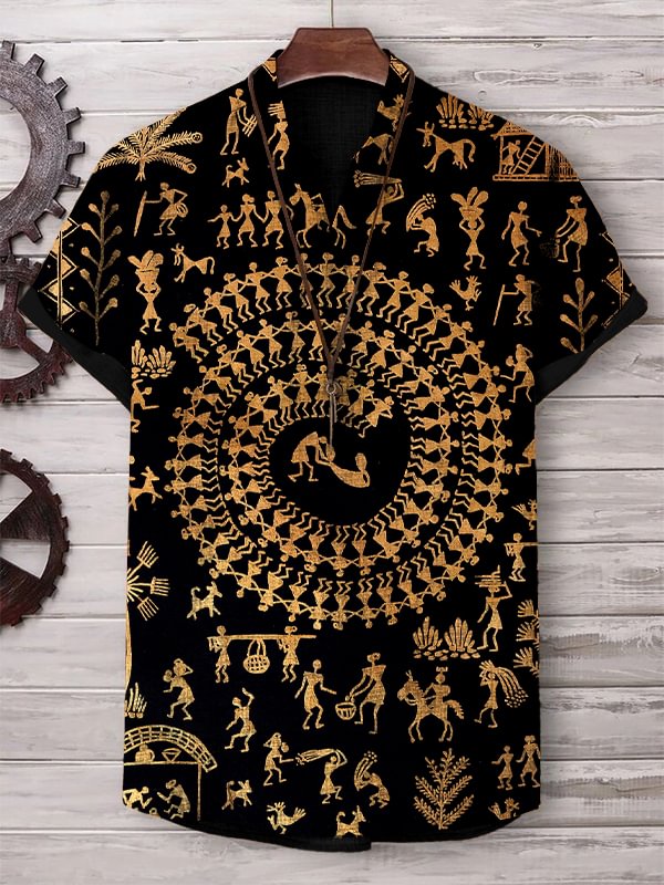 Men's Retro Fun Tribal Life Patterns Print V Neck T-Shirt