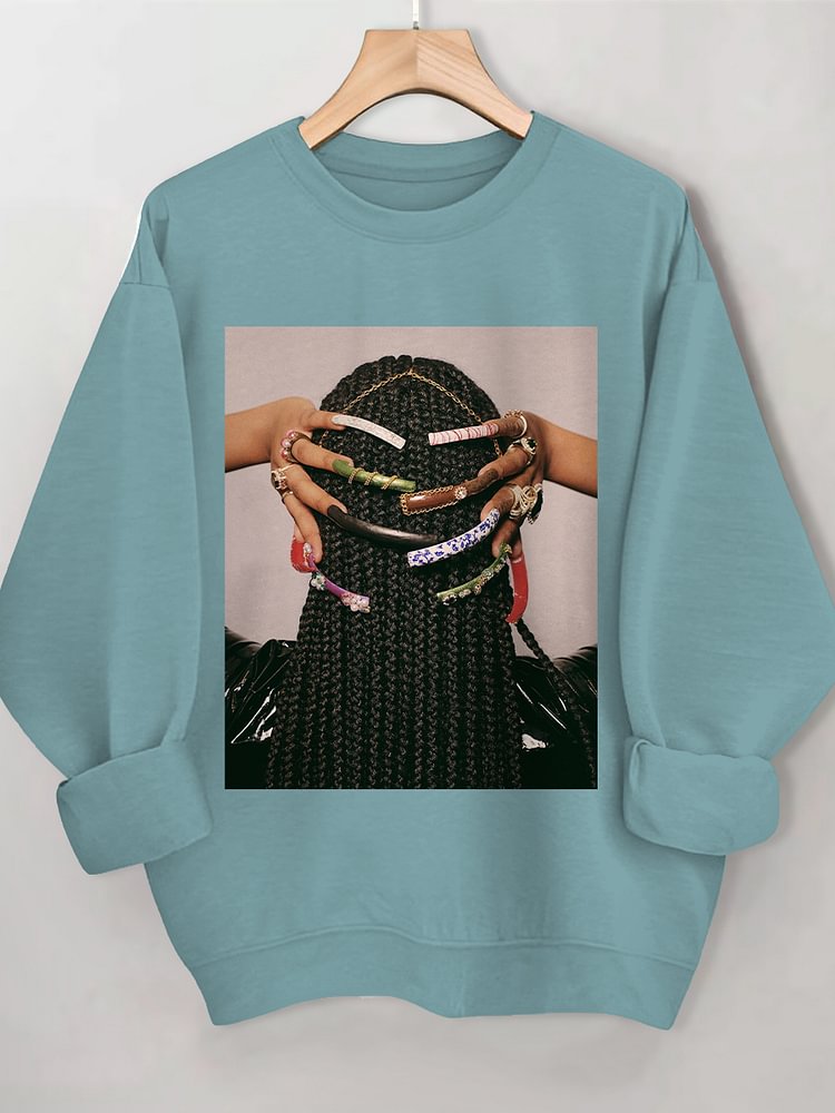 Women's Beautiful Braids And Nails Print Cotton Long Sleeve T-Shirt Thin Sweatshirt