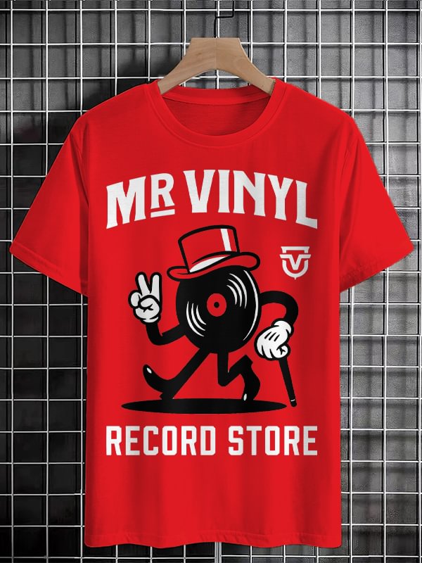 Men's Mr Vinyl Record Store Print Cotton Casual T-Shirt