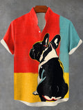 Men's Fun French Bulldog Pop Colorblock Art Print Linen Blend Shirt