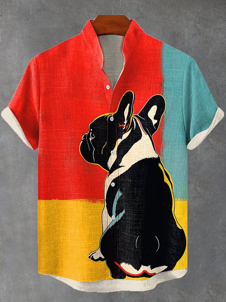 Men's Fun French Bulldog Pop Colorblock Art Print Linen Blend Shirt