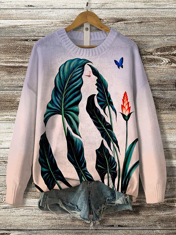 Women's Optical Illusion Art Woman Flower Print Knit Sweatshirt