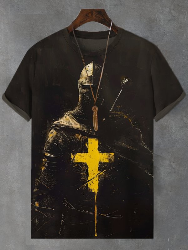 Men's Retro Knight Cross Print Casual T-Shirt