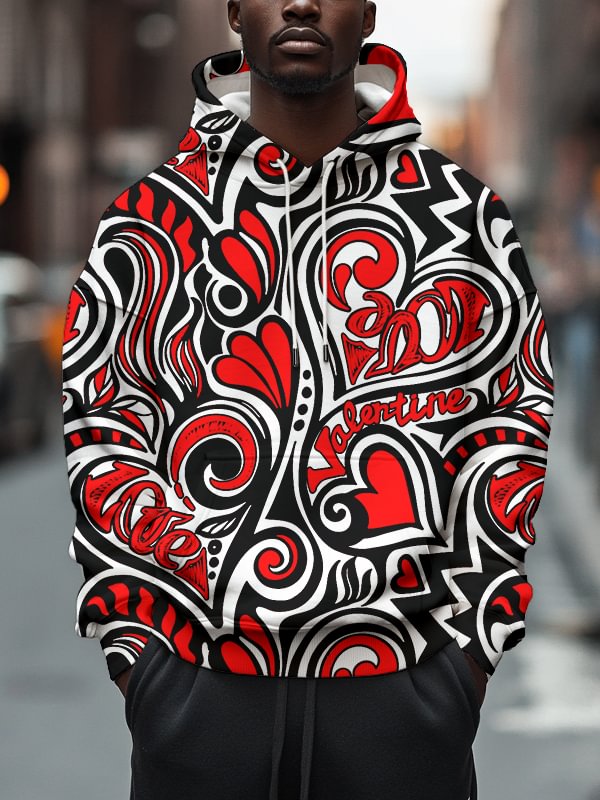 Men's Valentine's Day Love Heart Pattern Art Print Hooded Sweatshirt
