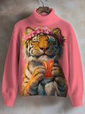 Women's Tiger And Cocktail Print High Neck Knit Sweatshirt