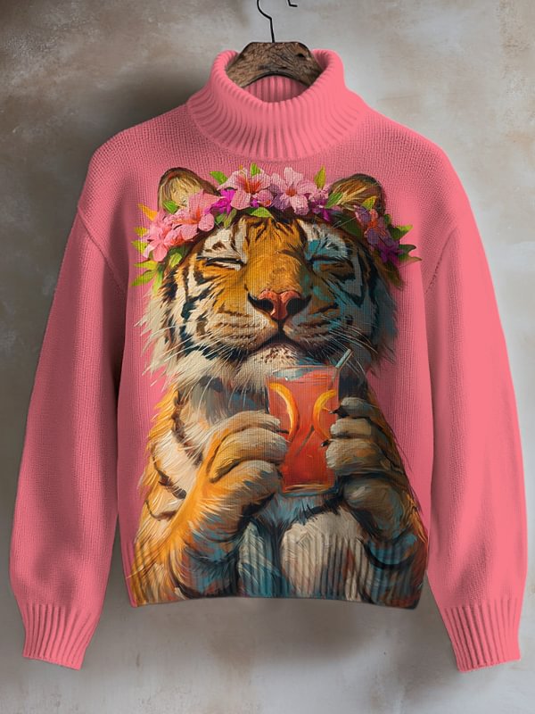 Women's Tiger And Cocktail Print High Neck Knit Sweatshirt