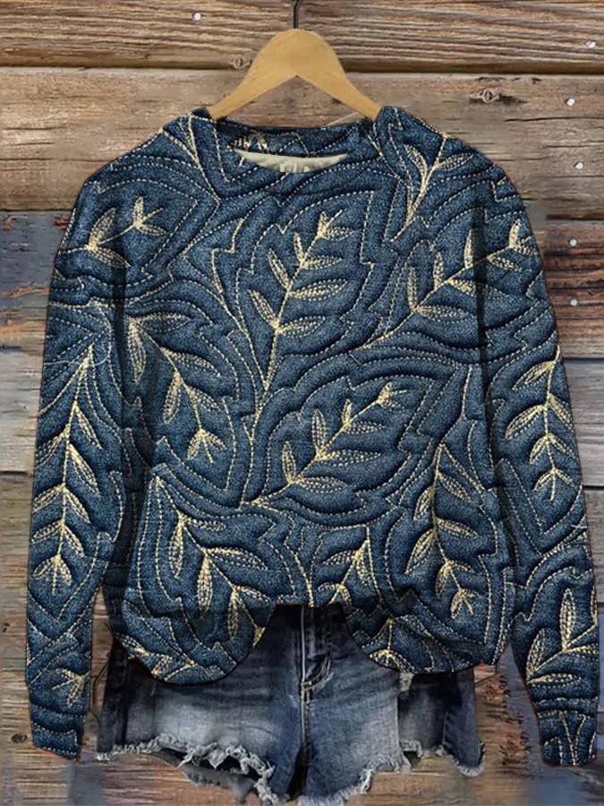 Women's Leaf Embroidery Pattern Print Cozy Sweatshirt