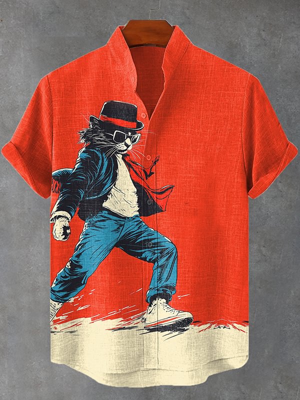 Men's Cat Moonwalk Dancing Contrasting Colors Art Print Shirt