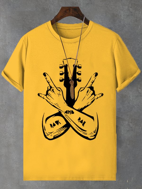 Men's Rock And Roll Guitar Graphic Print Cotton Casual T-Shirt