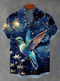 Men's Hummingbirds Fly Starry Night Oil Painting Print Linen Blend Shirt