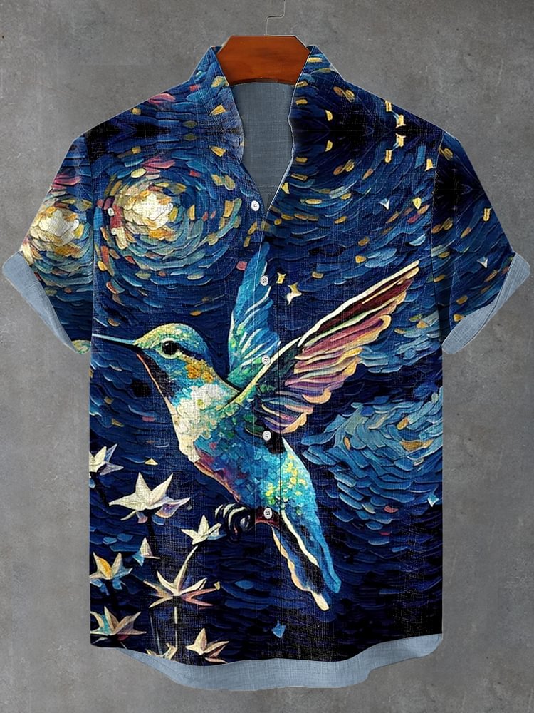 Men's Hummingbirds Fly Starry Night Oil Painting Print Linen Blend Shirt