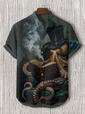 Men's Octopus Reading And Smoking A Cigar Art Print Casual Shirt