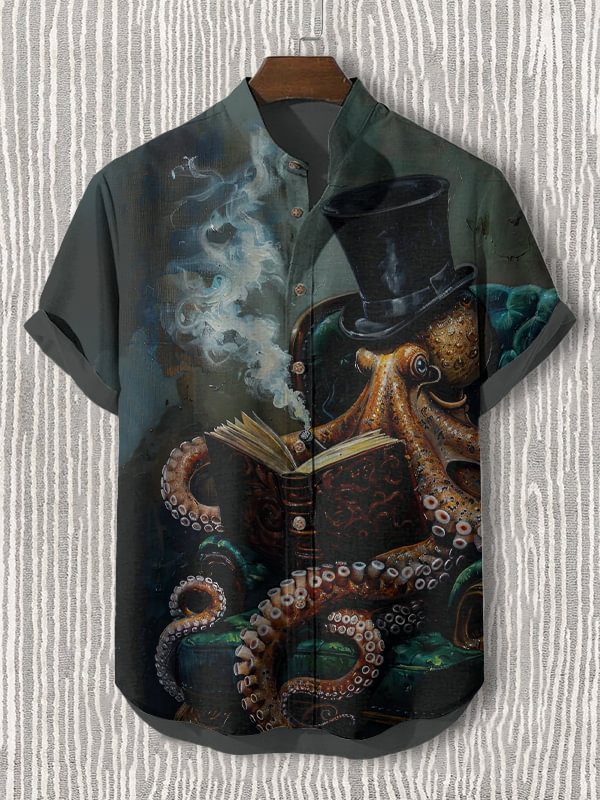 Men's Octopus Reading And Smoking A Cigar Art Print Casual Shirt