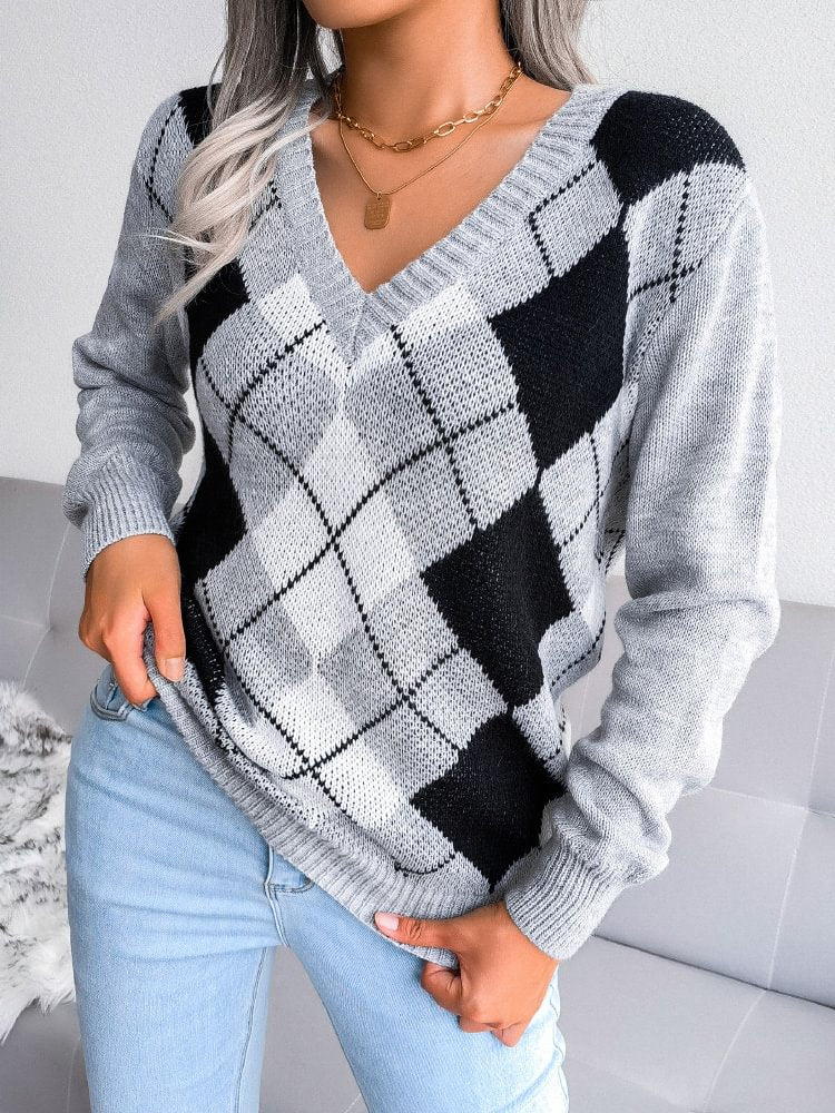Women's Diamond Pattern V Neck Long Sleeve Casual Sweater