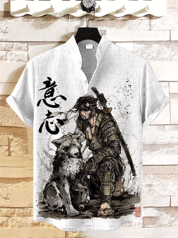 Men's Samurai Big Boss And His Dog Companion Ink Painting Japanese Art Print Shirt