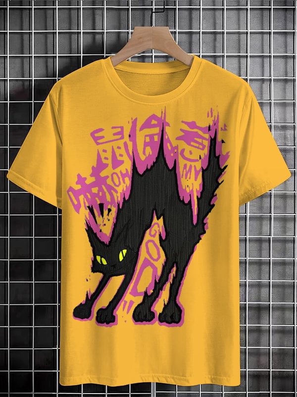 Men's Scared Black Cat Graphic Print Cotton Casual T-Shirt