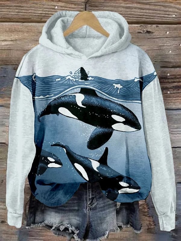 Women's Ocean Whale Illustration Print Casual Hoodie