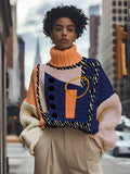 Women's Geometric Color Blocks Print High Neck Knit Sweatshirt