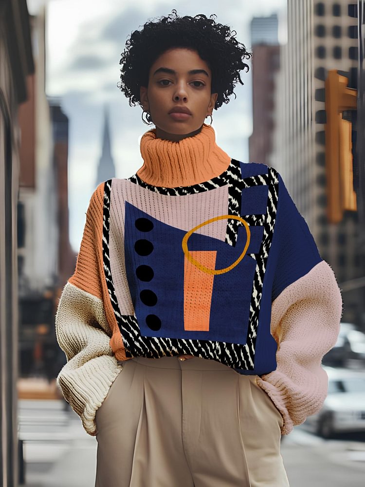 Women's Geometric Color Blocks Print High Neck Knit Sweatshirt