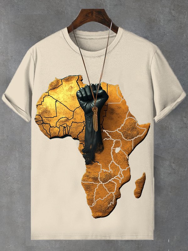 Men's African Map Black Fist Three-Dimensional Print Cotton Casual T-Shirt