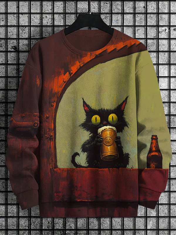 Men's Creepy Cat Drinking Beer Oil Painting Print Casual Sweatshirt