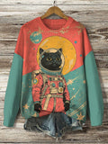 Women's Black Cat Astronaut Color Block Art Print Knit Sweatshirt