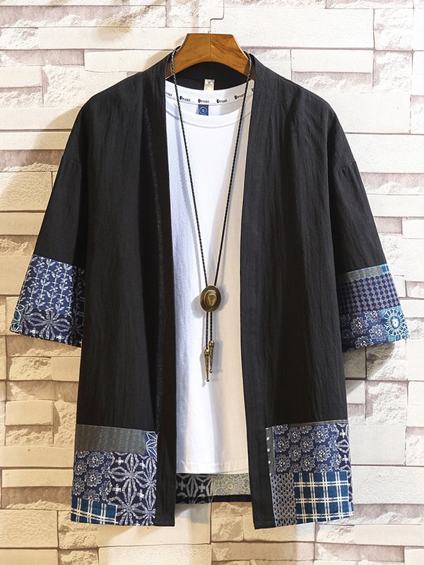 Men's Retro Pattern Patchwork Loose Cotton And Linen Cardigan