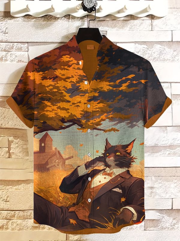 Men's A Gentleman Cat Lying On The Grass Art Print Short Sleeve Casual Shirt