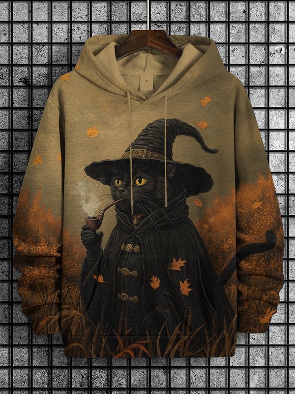 Men's Pipe Cat Wizard In The Field Print Hooded Sweatshirt