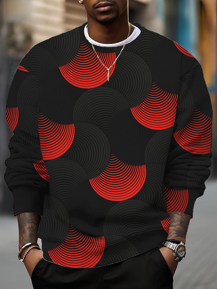 Men's Geometric Lines Combined Fan-Shaped Pattern Print Casual Sweatshirt