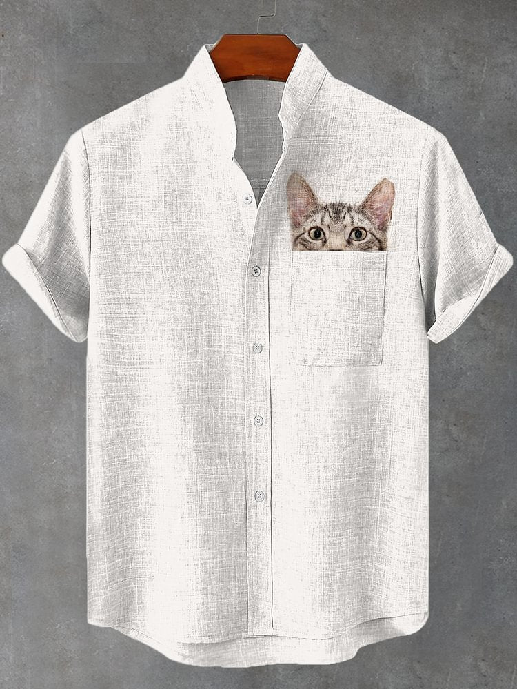 Men's Fun Cat Peeking Art Print Pocket Linen Blend Shirt